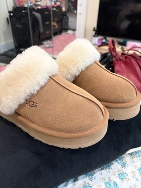 UGG Chestnut Suede Shearling Cuff Mule Slippers